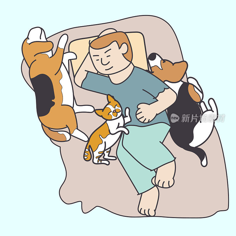 Man sleeping surrounded by his pet.